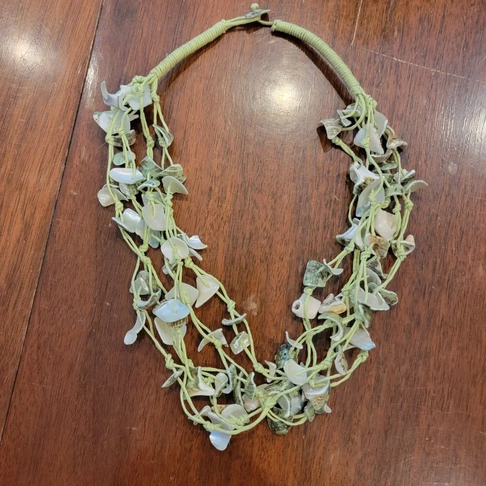Green Shell & Cotton Multistrand Boho Necklace - Picture 3 of 11